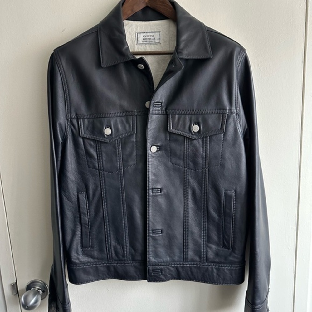 Officine Generale Blue Leather Trucker Jacket Made in France
